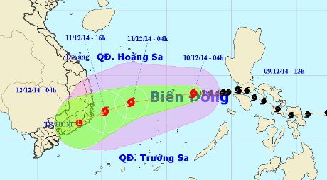 Vị trí và đường đi của cơn bão. Ảnh: Trung tâm Dự báo khí tượng thủy văn Trung ương phát lúc 5 giờ sáng 9-12.