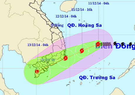 Vị trí và đường đi của cơn bão. Ảnh: Trung tâm Dự báo khí tượng thủy văn Trung ương phát lúc 5 giờ ngày 10-12.