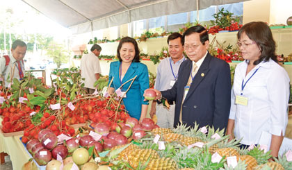 Ông Nguyễn Văn Khang, Chủ tịch UBND tỉnh  tham quan hội thi trái cây ngon tại diễn đàn hợp tác kinh tế Đồng bằng sông Cửu Long - Tiền Giang 2012. Ảnh: Thái Thiện
