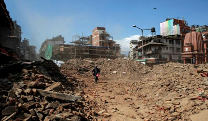 A rubble of collapsed buildings in the aftermath of the earthquake in Kathmandu,Nepal. (Credit: REUTERS)