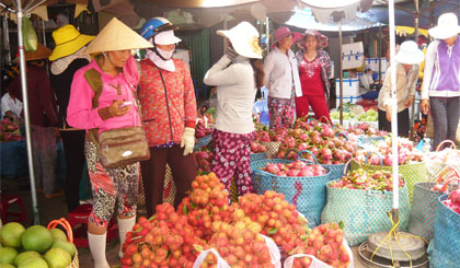 Trái cây về các chợ nhiều, với giá bán khá rẻ  (Ảnh chụp tại chợ trái cây đầu mối phường 4, TP. Mỹ Tho). 