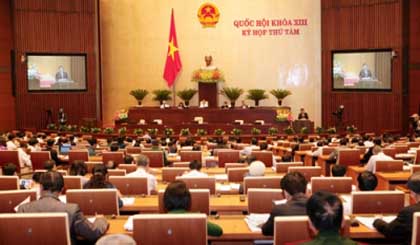 Deputies at the 13th NA’s 9th session approve the revised Government Organisation Law on June 19. (Image credit: VGP)