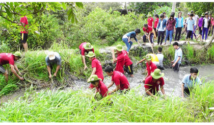 Thanh niên, học sinh, sinh viên tình nguyện tham gia khai thông dòng chảy tại các tuyến kinh.