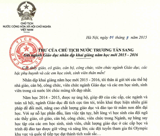 Thư của Chủ tịch nước Trương Tấn Sang gửi ngành giáo dục nhân dịp năm học mới 2015-2016. (PM/Vietnam+)