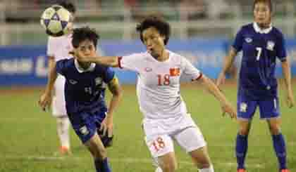 Striker Minh Nguyet (in white) nets two goals to secure Vietnam a place in the final round of the AFC Women's Olympic Qualifiers.