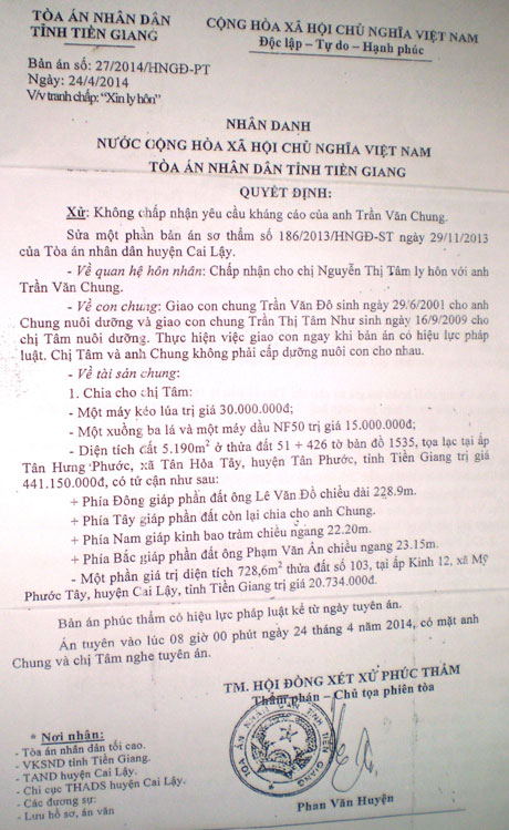 Quyết định Bản án số 27/HNGĐ-PT của TAND tỉnh.