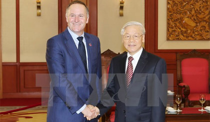 Tổng Bí thư Nguyễn Phú Trọng tiếp Thủ tướng New Zealand John Key sang thăm chính thức Việt Nam. Ảnh: Trí Dũng/TTXVN