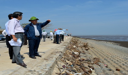 Đoàn đến khảo sát đê biển Gò Công.