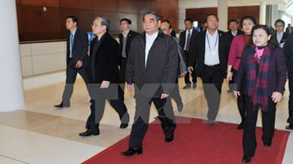 Members of the sub-committee for organising the 12th national congress carry out inspection at the National Convention Centre. (Photo: VNA)