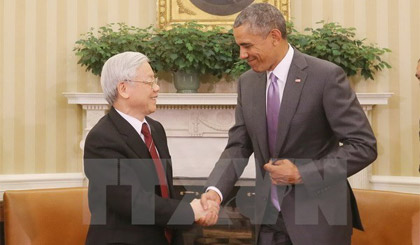 Tổng Bí thư Nguyễn Phú Trọng và Tổng thống Mỹ Obama hồi tháng 7-2015. Ảnh: TTXVN