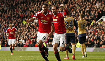 Marcus Rashford (số 39) lập cú đúp vào lưới Arsenal. (Nguồn: Reuters)