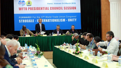 President of the Vietnam General Confederation of Labour (VGCL) and WFTU Vice President Dang Ngoc Tung speaks at the event (Source: qdnd.vn)