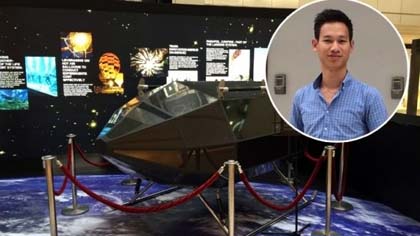 The spaceship model made by a Vietnamese engineering team on display in Singapore. Head of the team Pham Gia Vinh in the small picture.