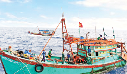 Những chiếc ghe cào (lưới kéo) của ngư dân Vàm Láng ngày đêm bám biển, góp phần bảo vệ chủ quyền biển, đảo quê hương.