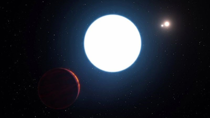 This artist's impression released by the European Southern Observatory on July 7, 2016, shows a view of the triple star system HD 131399 from close to the giant planet orbiting in the system