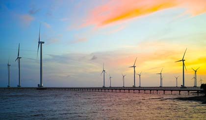 Wind turbines installed at Bac Lieu wind power plant in the Mekong Delta province of Bac Lieu; Vietnam has tremendous potential for renewable energy from solar, wind and biomass. (Photo courtesy of Bac Lieu wind farm)