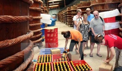 Tourists visit a traditional fish sauce firm in An Thoi Township, Phu Quoc island.