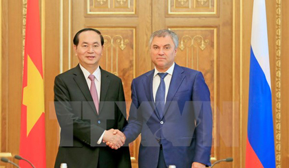 Chủ tịch nước Trần Đại Quang hội kiến với Chủ tịch Duma Nga Vyacheslav Volodin. Ảnh: Nhan Sáng/TTXVN