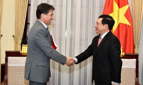 Deputy PM and FM Pham Binh Minh receives Greek Ambassador to Vietnam Ioannis E. Raptakis in Hanoi on May 16. (Photo courtesy to the Ministry of Foreign Affairs)