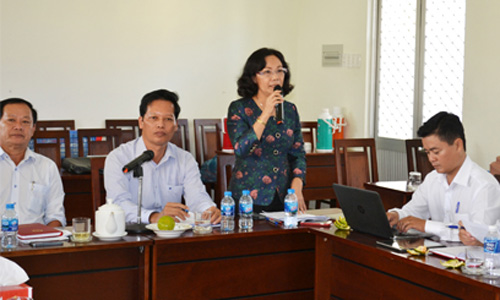 Vice Chairwoman of the Provincial People's Council Nguyen Thi Sang speaks at the working session. Photo: HOAI THU