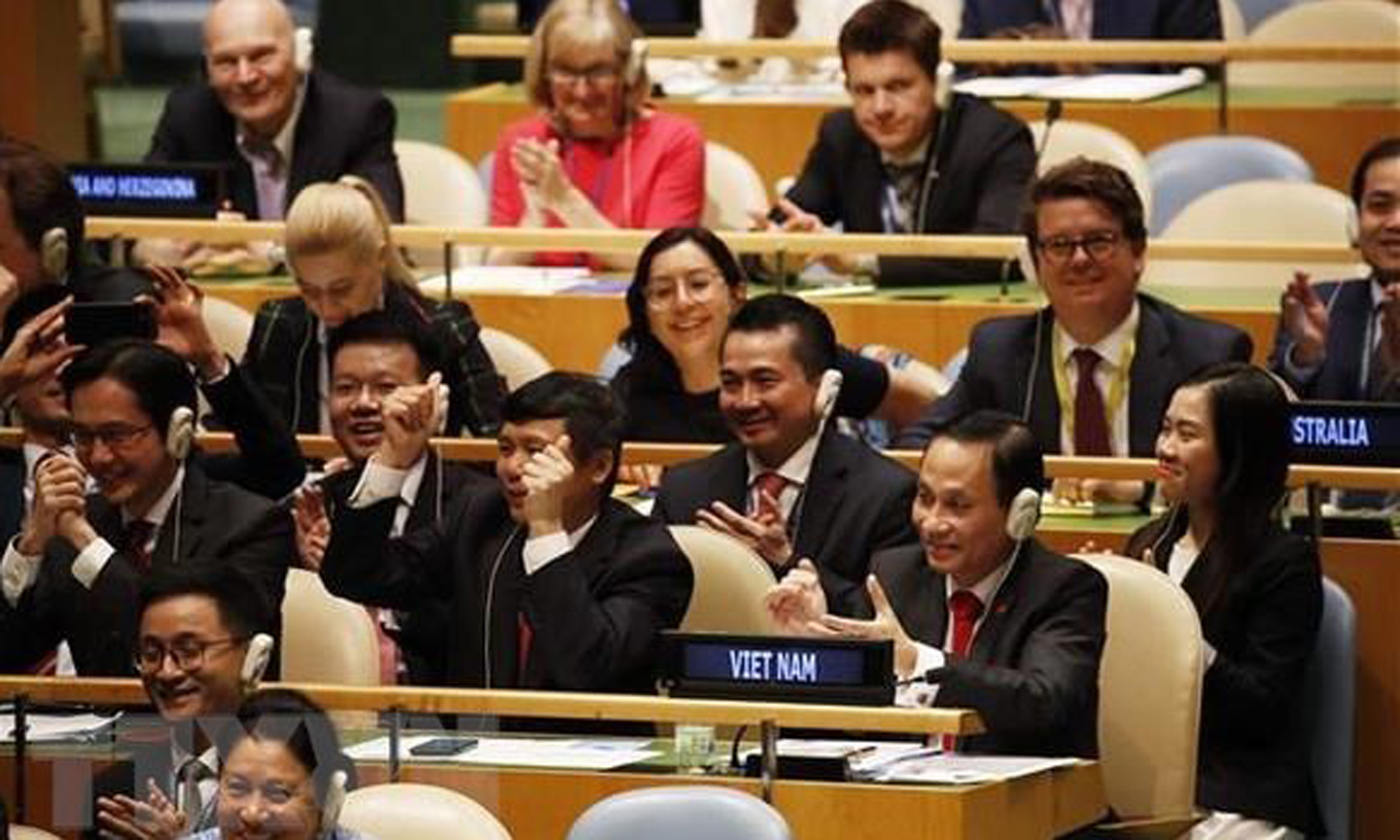  Members of the Vietnamese delegation rejoice over the country's election as a non-permanent member of the UN Security Council for 2020-2021 on June 7 (Photo: VNA)
