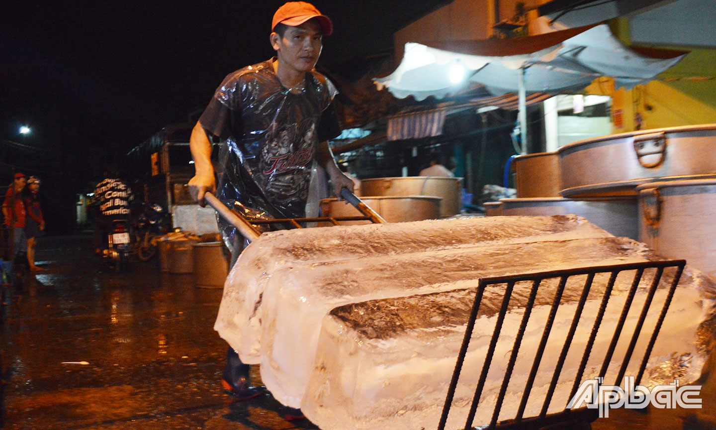 Một người giao nước đá cho các vựa cá ở chợ cá Mỹ Tho  vào lúc đêm khuya. 