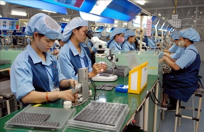 Workers manufacture electronic components at the Japan-invested Canon Electronics Vietnam Company Limited at Pho Noi A Industrial Park in Van Lam District, Hung Yen Province. (Photo: VNA).