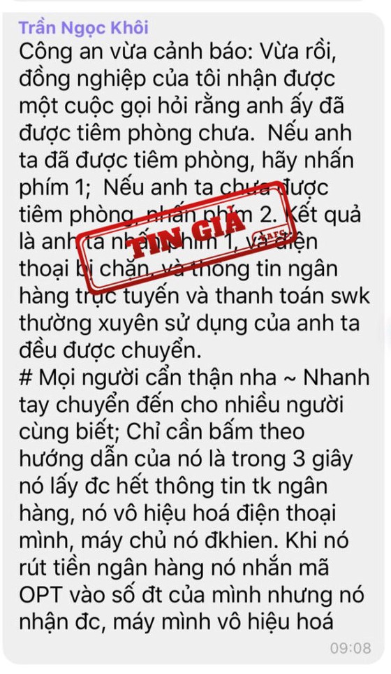 Trung tâm Xử lý Tin giả Việt Nam (Bộ Thông tin và Truyền thông) khẳng định, thông tin lan truyền trên trên mạng xã hội về lừa đảo chiếm đoạt thông tin cá nhân trên mạng là giả mạo. Ảnh chụp màn hình