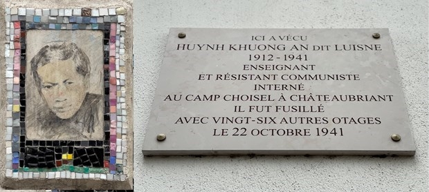 Photo and plaque in honour of Huynh Khuong An in building No.6, Porte Brancion avenue (Photo: VNA).