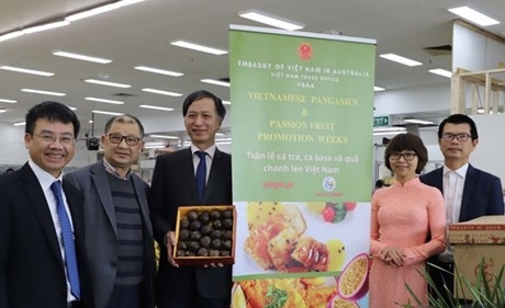 Vietnamese Ambassador to Australia Nguyen Tat Thanh holds a box of passion fruit at the launch of Vietnamese pangasius and fruit promotion weeks. (Photo: VNA).