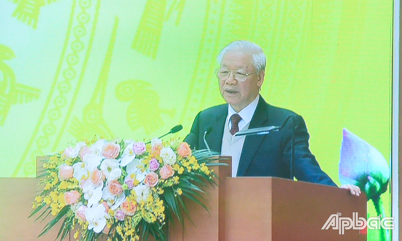 Tổng Bí thư Nguyễn Phú Trọng phát biểu tại điểm cầu Trung ương. (Ảnh chụp qua màn hình trực tuyến)