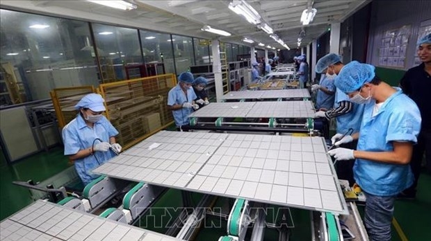 Workers produce solar panels at the factory of the Canadian Solar Manufacturing Vietnam Co. Ltd in the Vietnam - Singapore Industrial Park in Hai Phong city. (Photo: VNA).