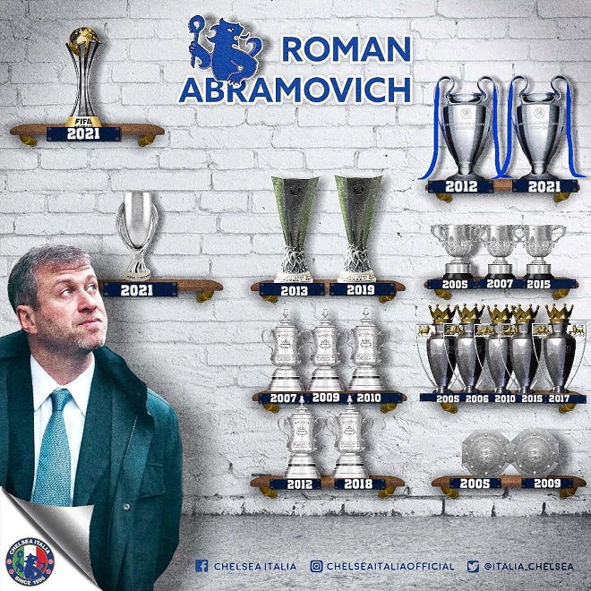 Những danh hiệu mà Chelsea giành được dưới thời tỷ phú Roman Abramovich.