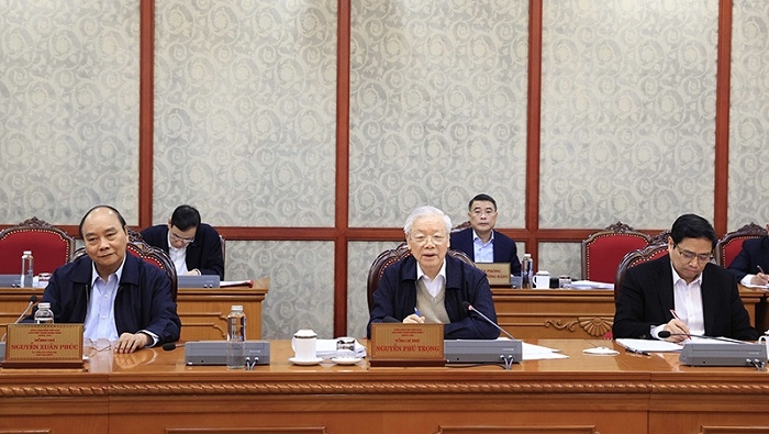 Party General Secretary Nguyen Phu Trong (centre) speaks at the Politburo meeting on March 11. (Photo: VNA).