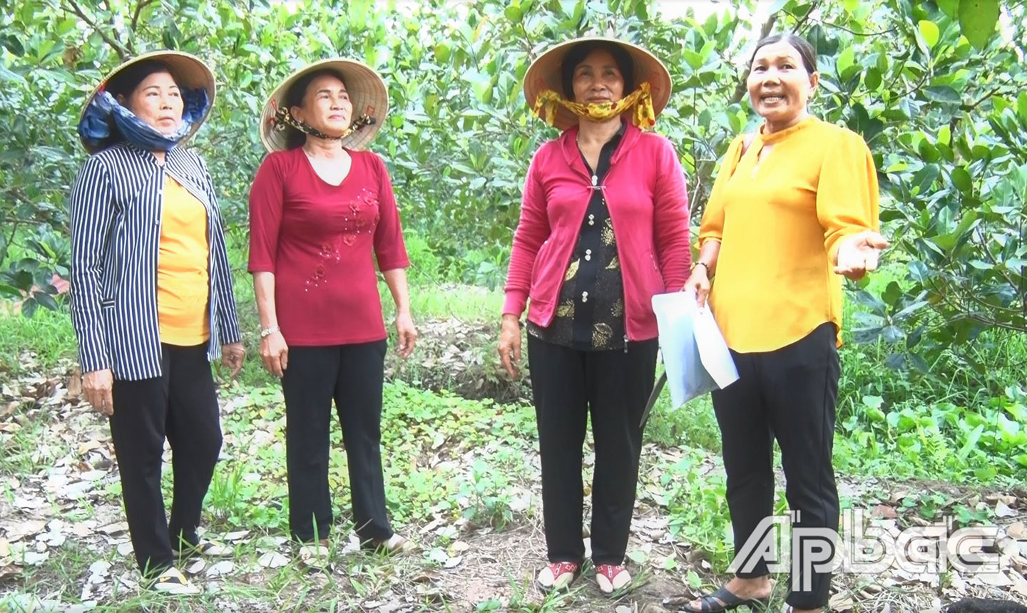 Chị Ánh (bìa phải) hướng dẫn HVPN xã Thanh Hòa chăm sóc vườn cây ăn trái, phát triển kinh tế gia đình.