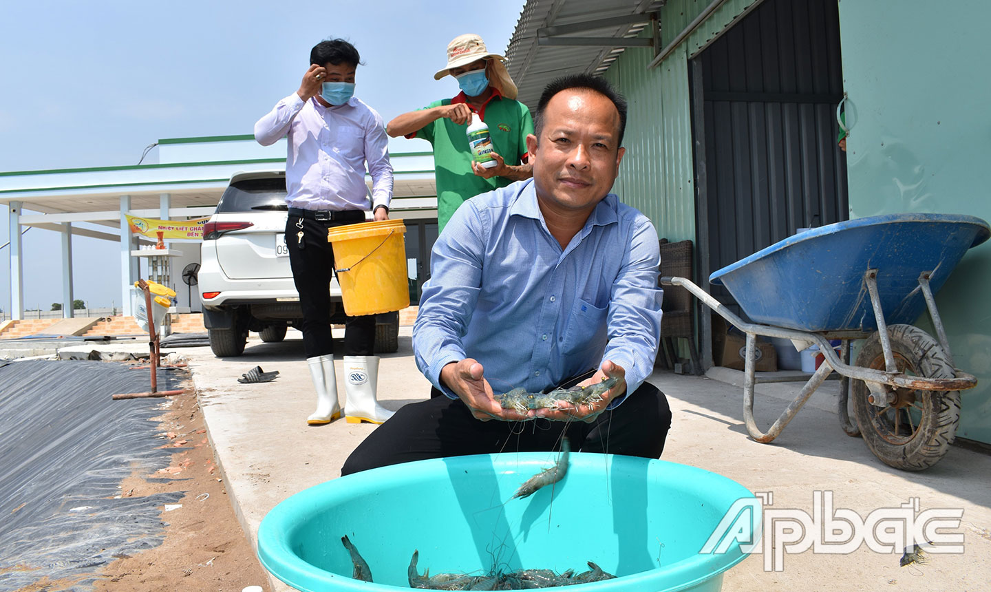 Ông Tuấn kiểm tra kích cỡ tôm trong ao.