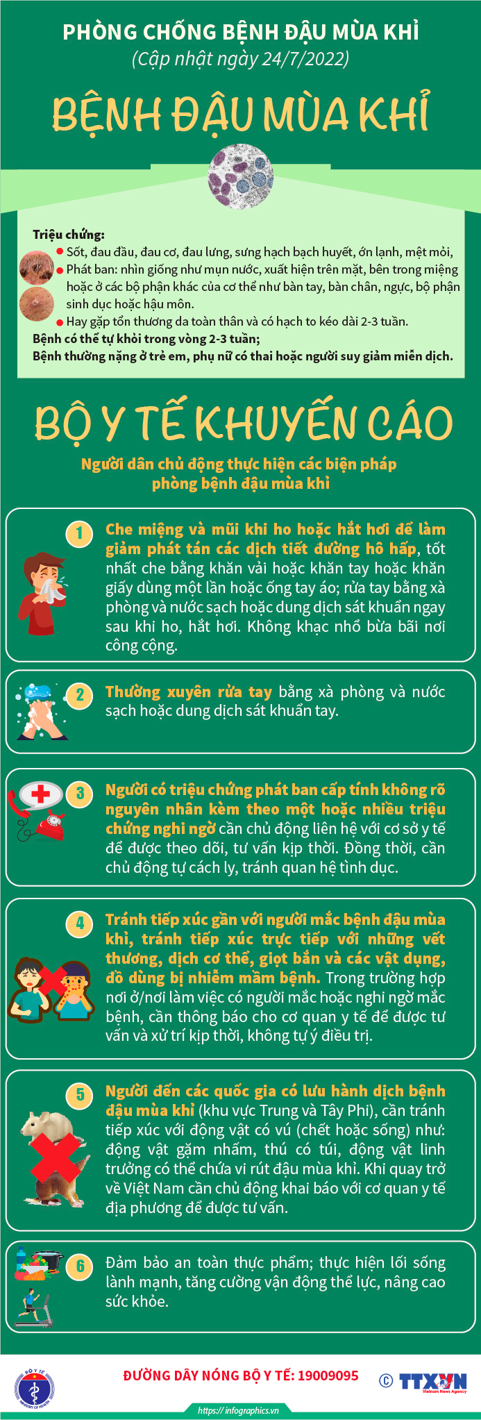 Để chủ động phòng chống dịch bệnh đậu mùa khỉ ở nước ta, Bộ Y tế khuyến cáo người dân chủ động thực hiện 6 biện pháp phòng bệnh