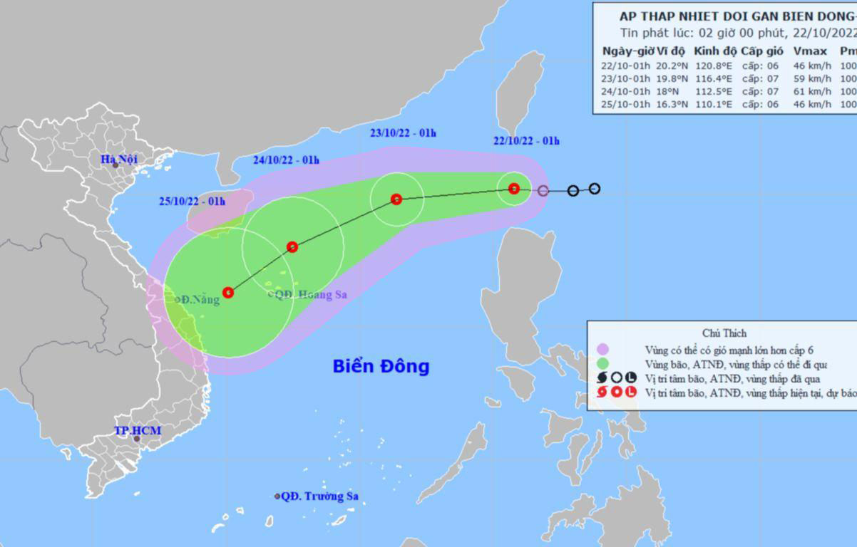 Vị trí và hướng di chuyển của áp thấp nhiệt đới. (Nguồn: nchmf.gov.vn)