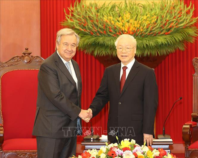 ổng Bí thư Nguyễn Phú Trọng tiếp Tổng Thư ký Liên Hợp Quốc António Guterres - Ảnh: TTXVN