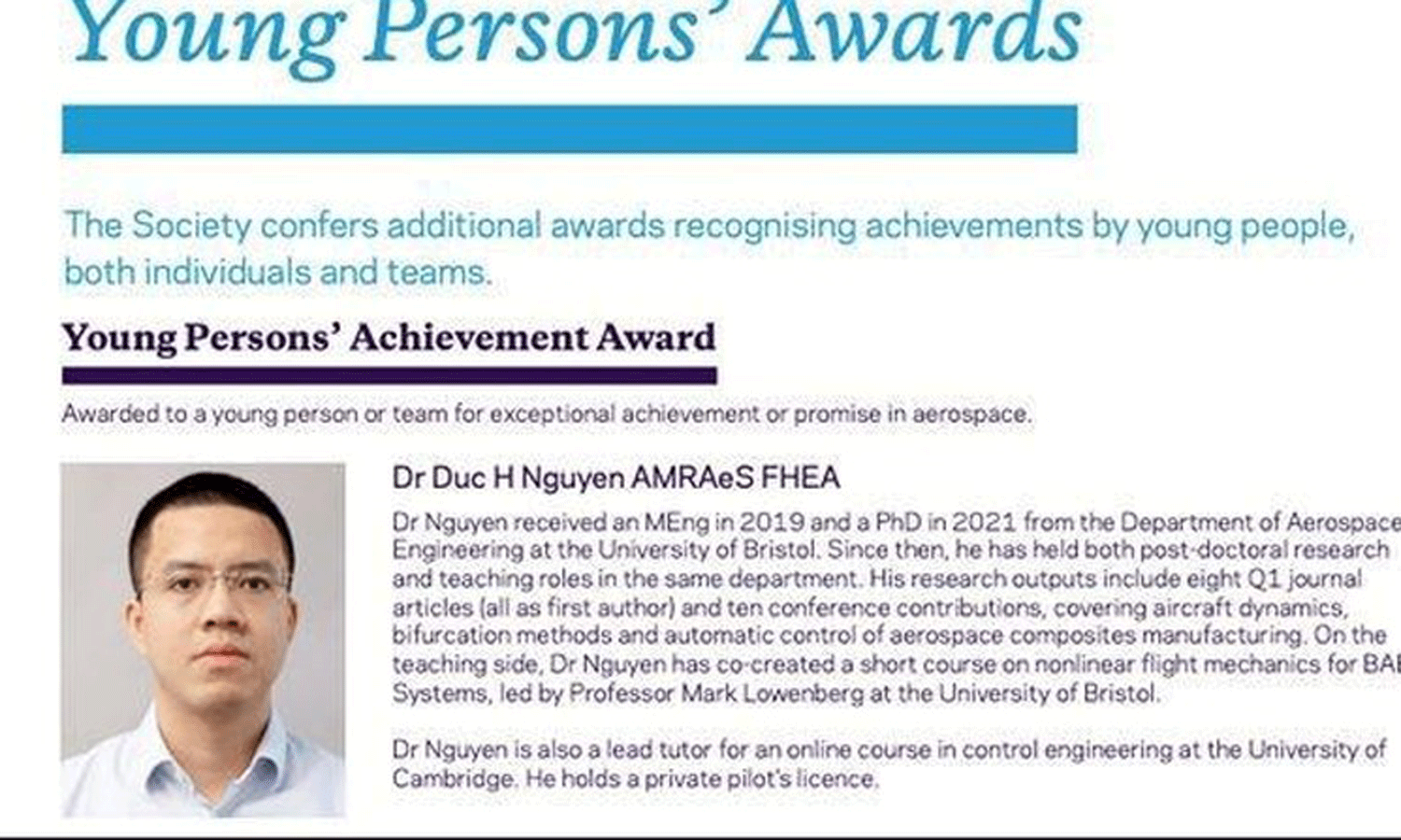 Dr. Nguyen Huyen Duc granted the Young Persons’ Achievement Award 2022 by the UK’s Royal Aeronautical Society. (Source: VietnamPlus)