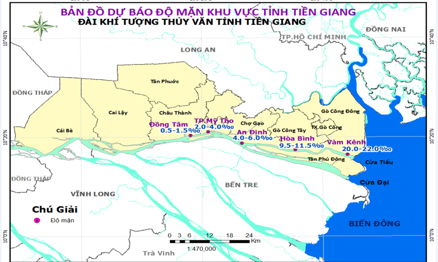 Bản đồ dự báo độ mặn khu vực tỉnh Tiền Giang( từ ngày 11 đến 20-2.