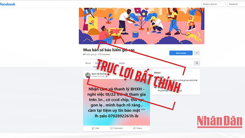 Thông tin của một nhóm mua, bán, cầm cố sổ bảo hiểm xã hội trên Facebook. (Đồ họa: Phương Nam)