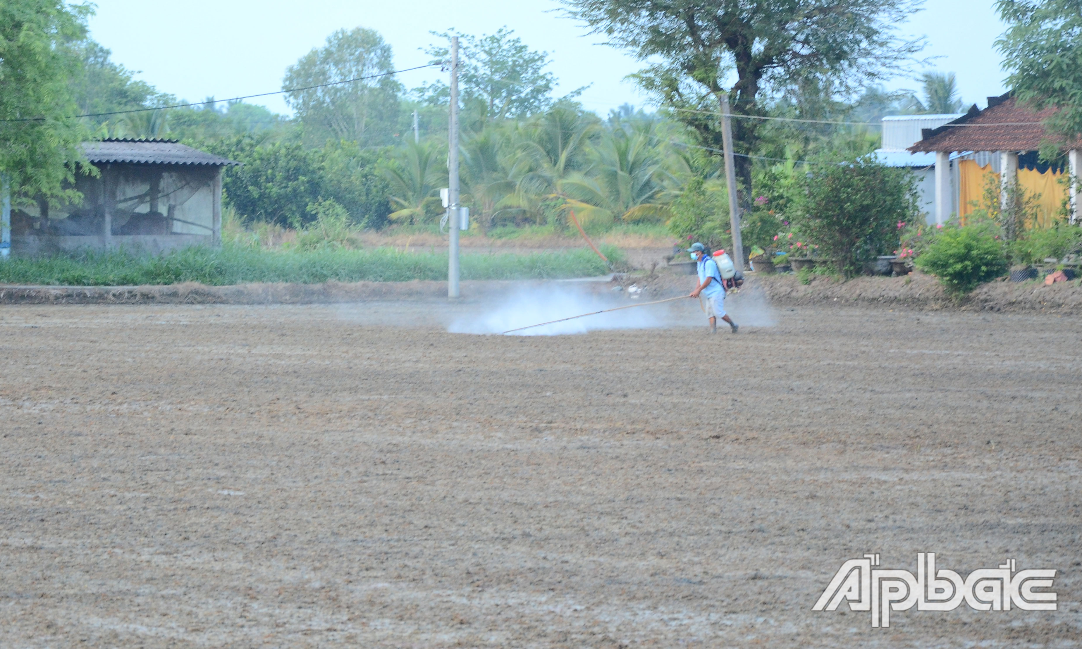 Sau khi gieo sạ, một hộ dân tại xã Đồng Thạnh, huyện Gò Công Tây tiến hành phun xịt thuốc diệt mầm cỏ.