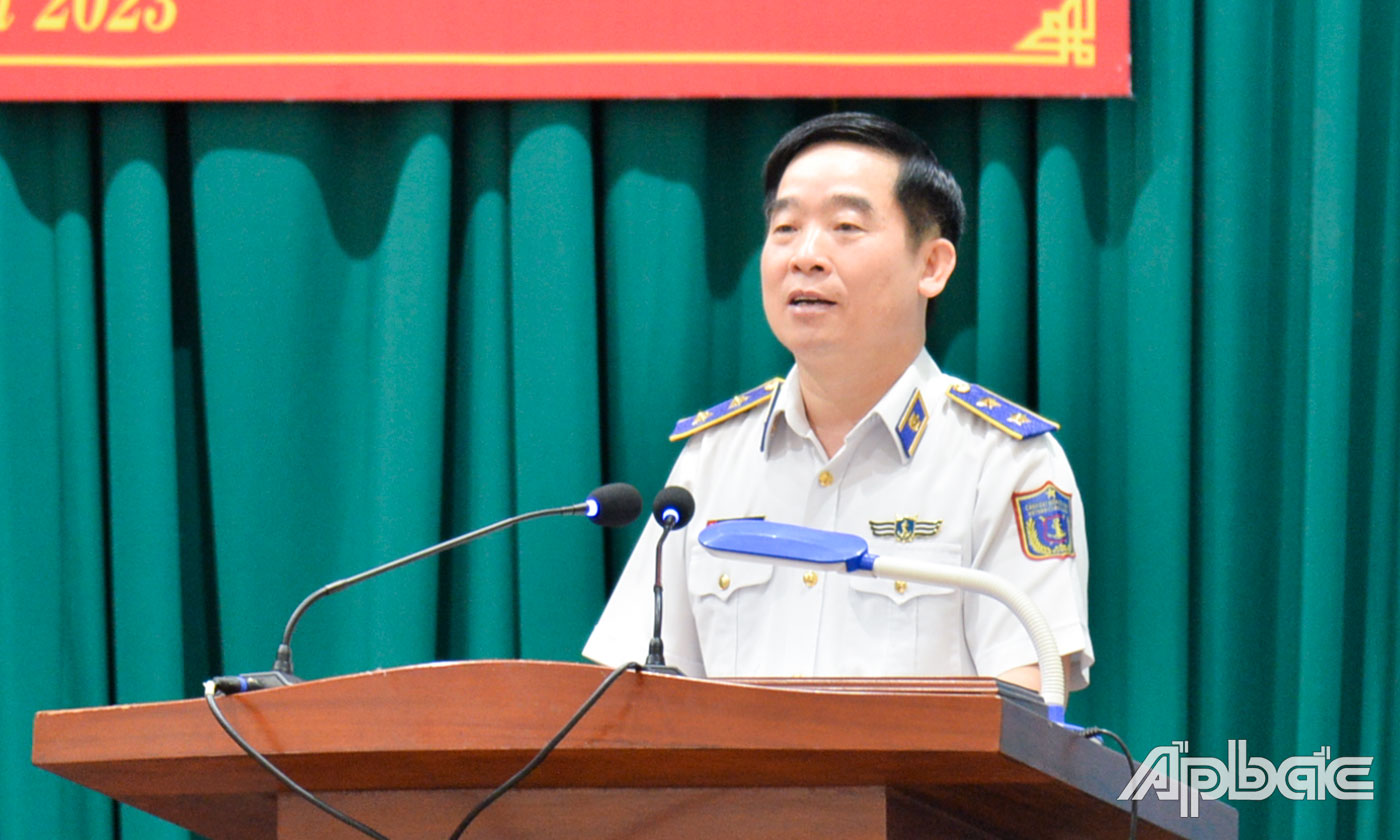 Trung tướng Bùi Quốc Oai, Bí thư Đảng ủy, Chính ủy Cảnh sát biển Việt Nam phát biểu tại hội nghị ký kết.