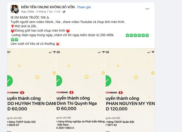 Một quảng cáo kiếm tiền nhờ like TikTok với những biên lai chuyển tiền dùng để chứng minh. (Nguồn: Vietnam+)