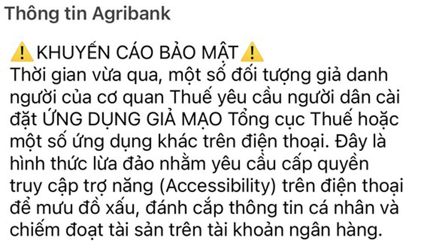 Ngân hàng Nông nghiệp và Phát triển Nông thôn Việt Nam (Agribank) cảnh báo thủ đoạn lừa đảo. Ảnh: CHÍ THẠCH