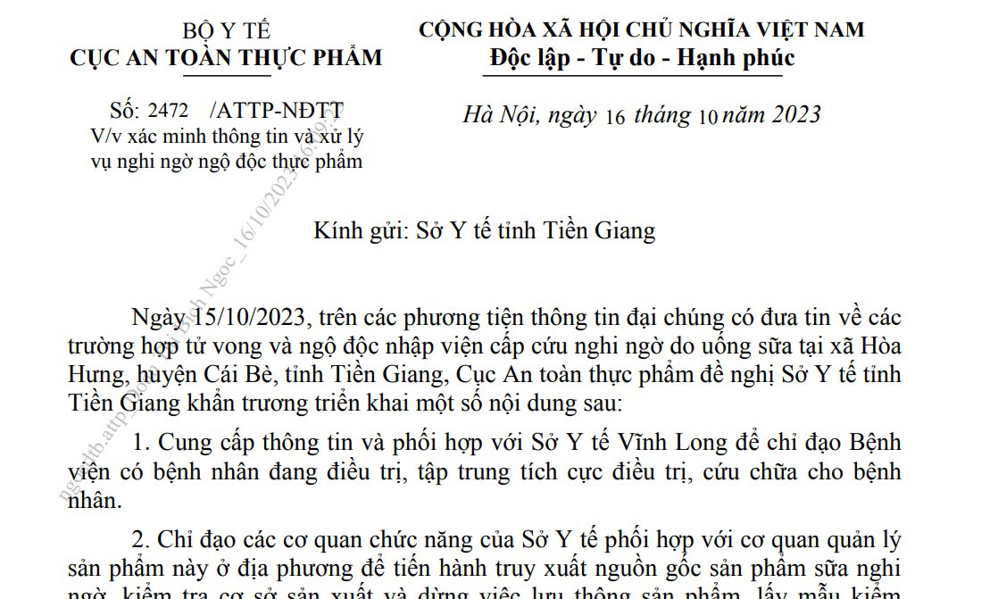 Công văn của Cục An toàn thực phẩm gửi Sở Y tế tỉnh Tiền Giang.