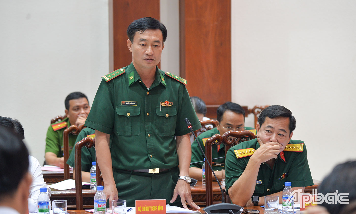 Thượng tá Nguyễn Quốc Thanh, Phó Chính ủy Bộ đội Biên phòng tỉnh Tiền Giang phát biểu tại buổi kiểm tra.