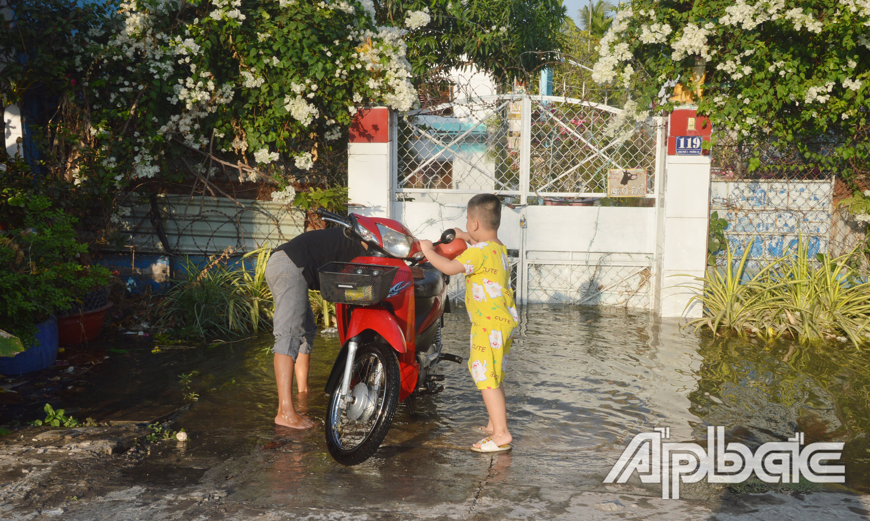 Anh Phúc tận dụng nước ngập để rửa xe.