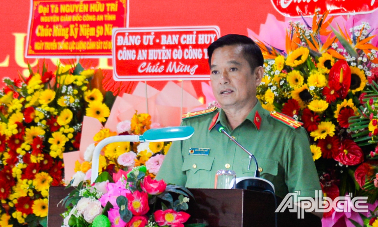 Đại tá Nguyễn Hồng Khắc, Phó Giám đốc Công an tỉnh Tiền Giang phát biểu tại Lễ kỷ niệm.